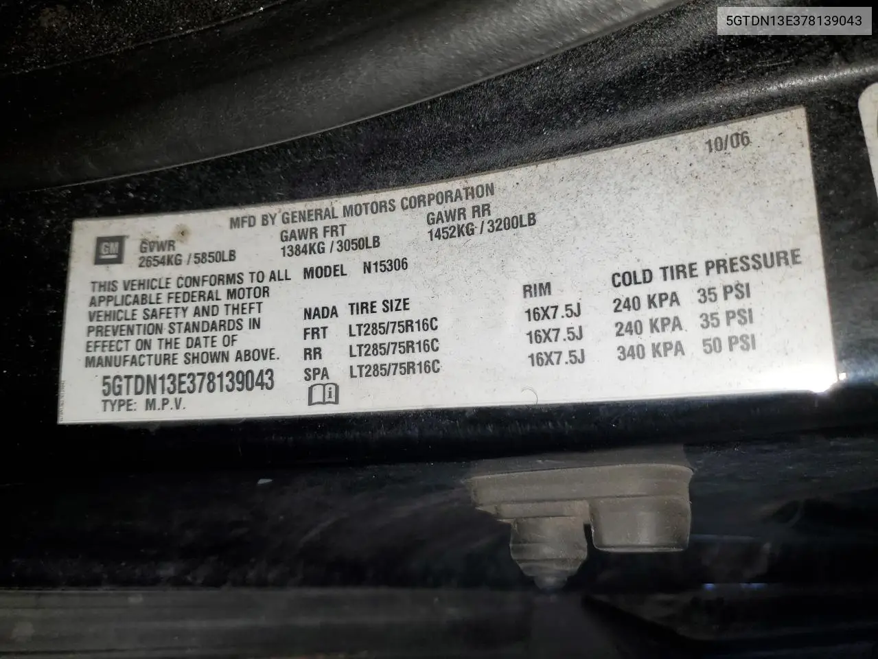 2007 Hummer H3 VIN: 5GTDN13E378139043 Lot: 52775515