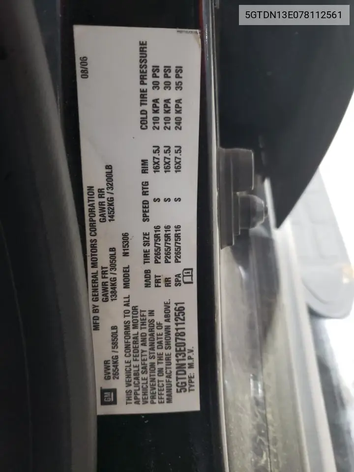 2007 Hummer H3 VIN: 5GTDN13E078112561 Lot: 61551935