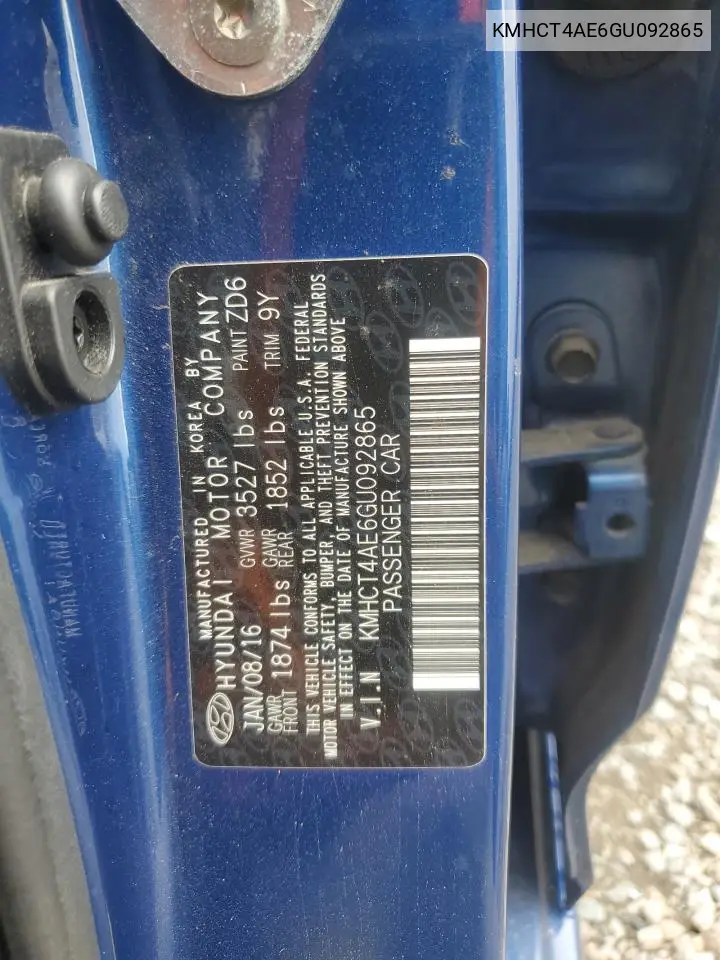 2016 Hyundai Accent Se VIN: KMHCT4AE6GU092865 Lot: 56961425