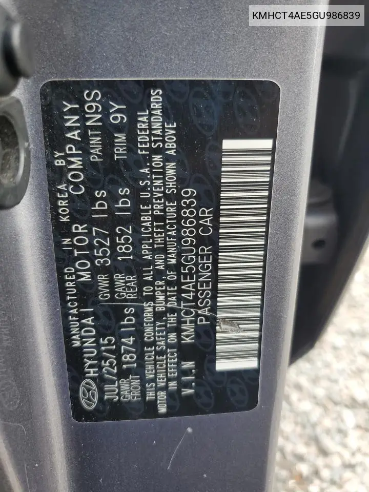 2016 Hyundai Accent Se VIN: KMHCT4AE5GU986839 Lot: 61344195
