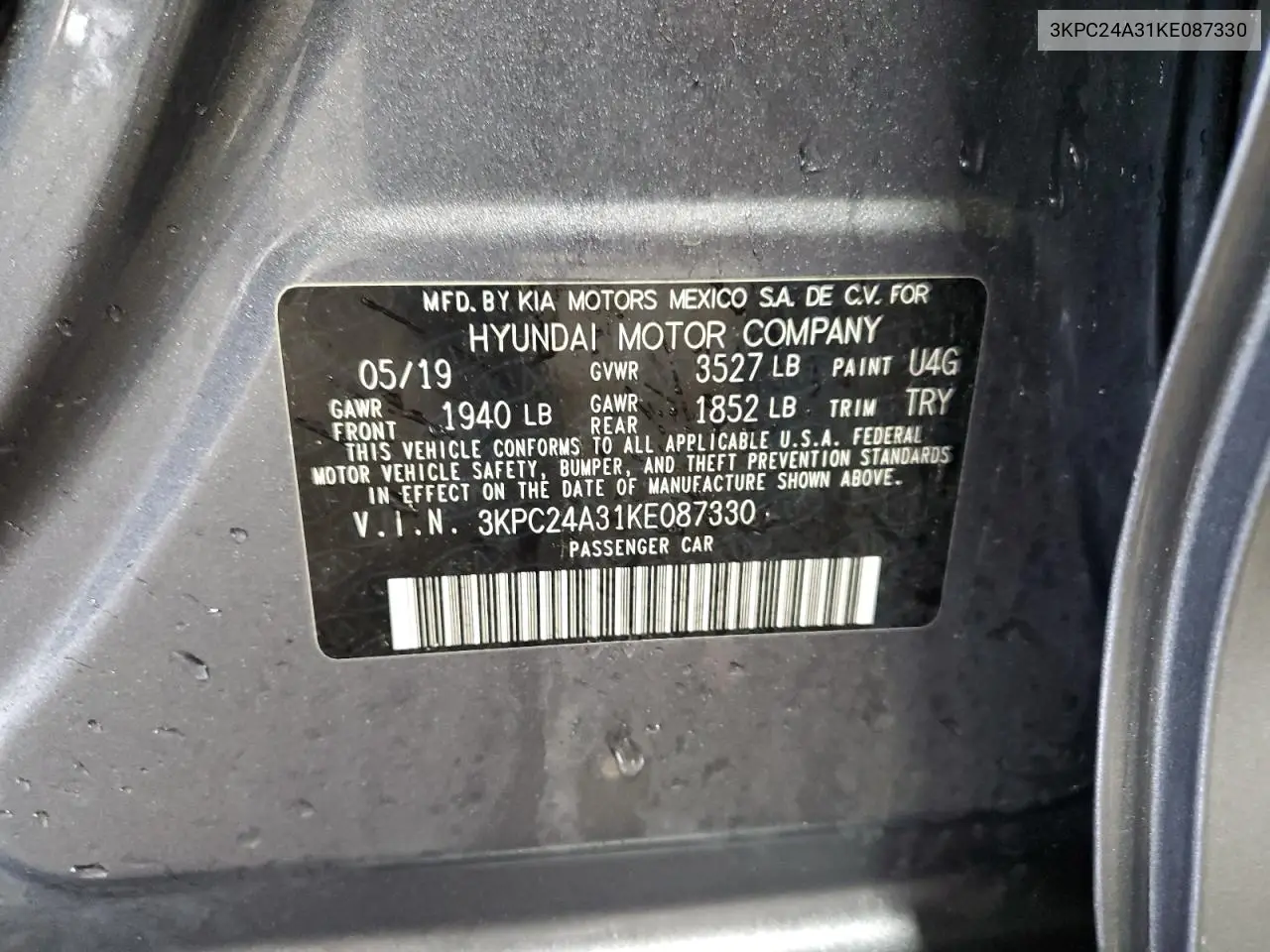 2019 Hyundai Accent Se VIN: 3KPC24A31KE087330 Lot: 56901265