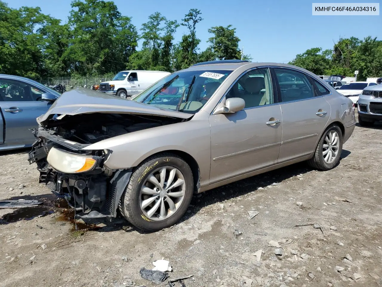 2006 Hyundai Azera Se VIN: KMHFC46F46A034316 Lot: 61857655