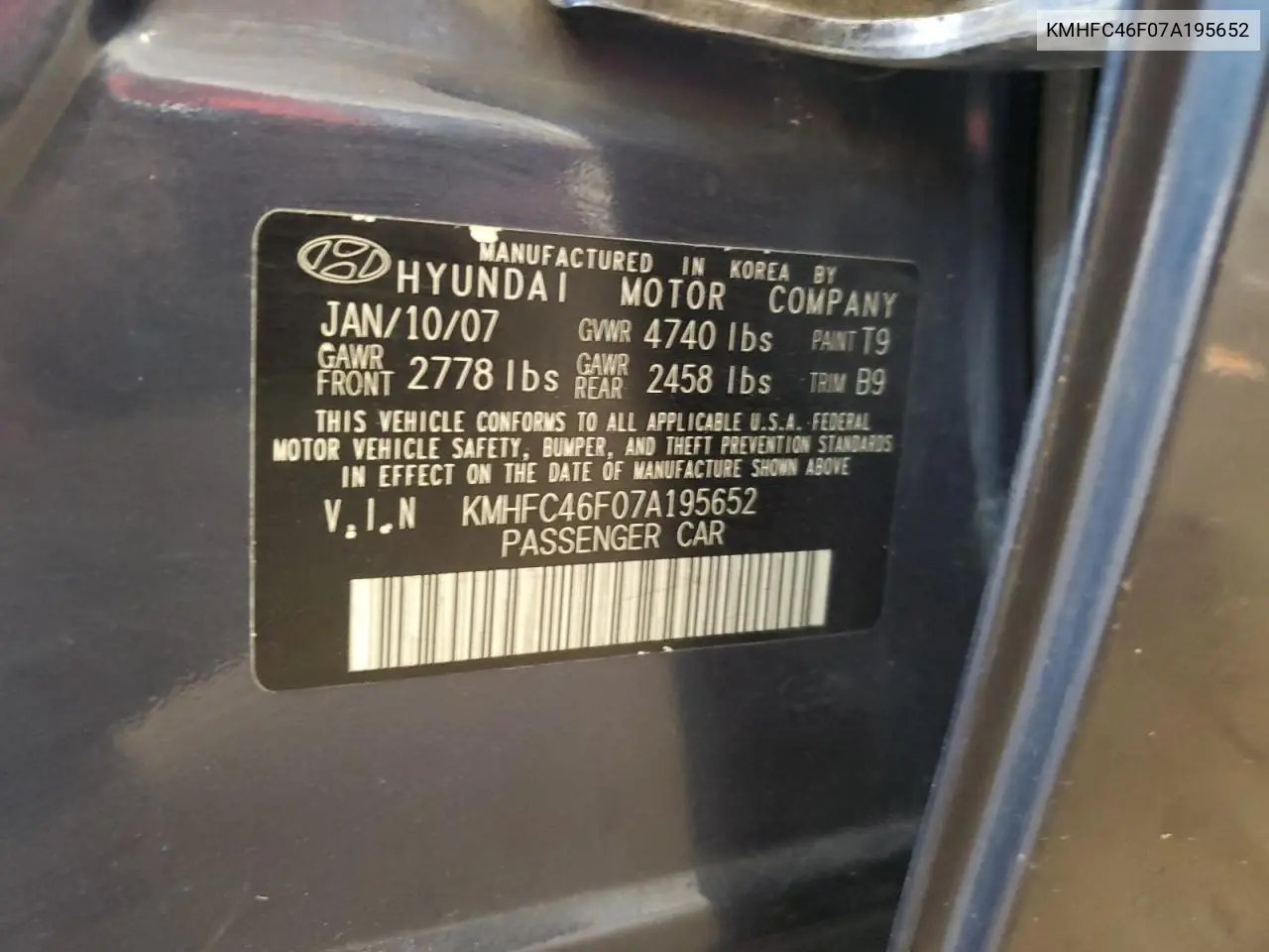 2007 Hyundai Azera Se VIN: KMHFC46F07A195652 Lot: 62134205