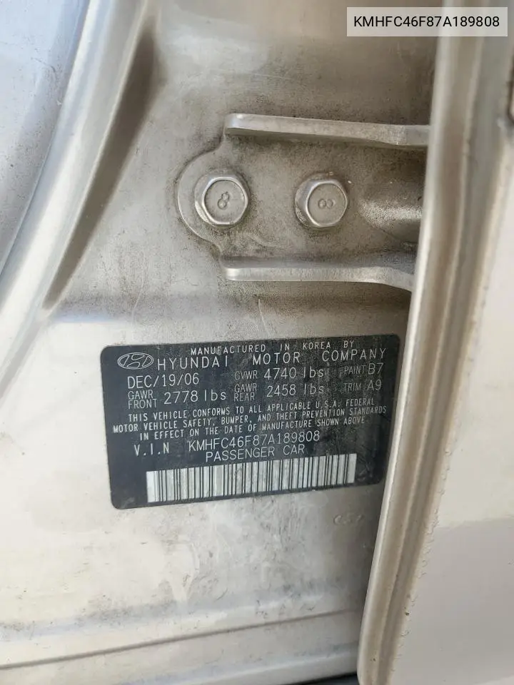 2007 Hyundai Azera Se VIN: KMHFC46F87A189808 Lot: 62830235