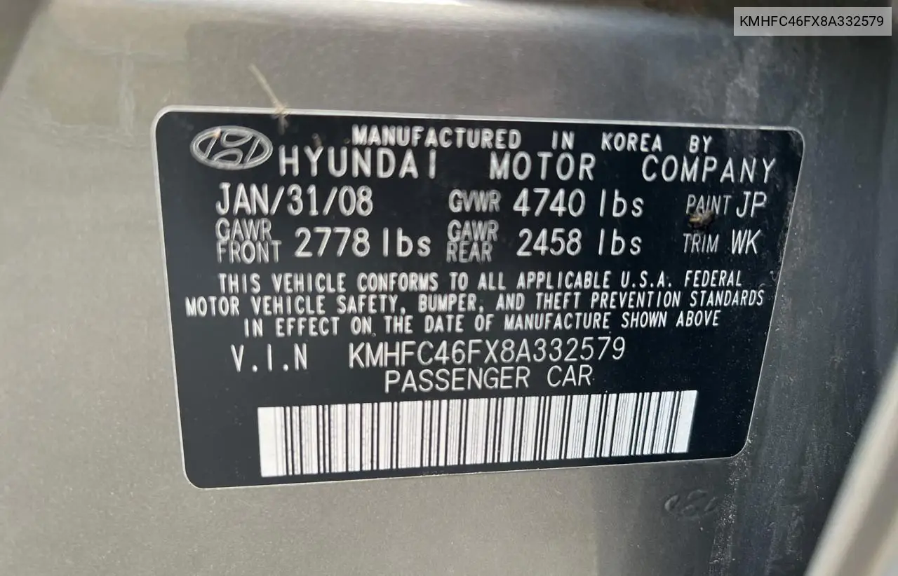 2008 Hyundai Azera Se VIN: KMHFC46FX8A332579 Lot: 63121015