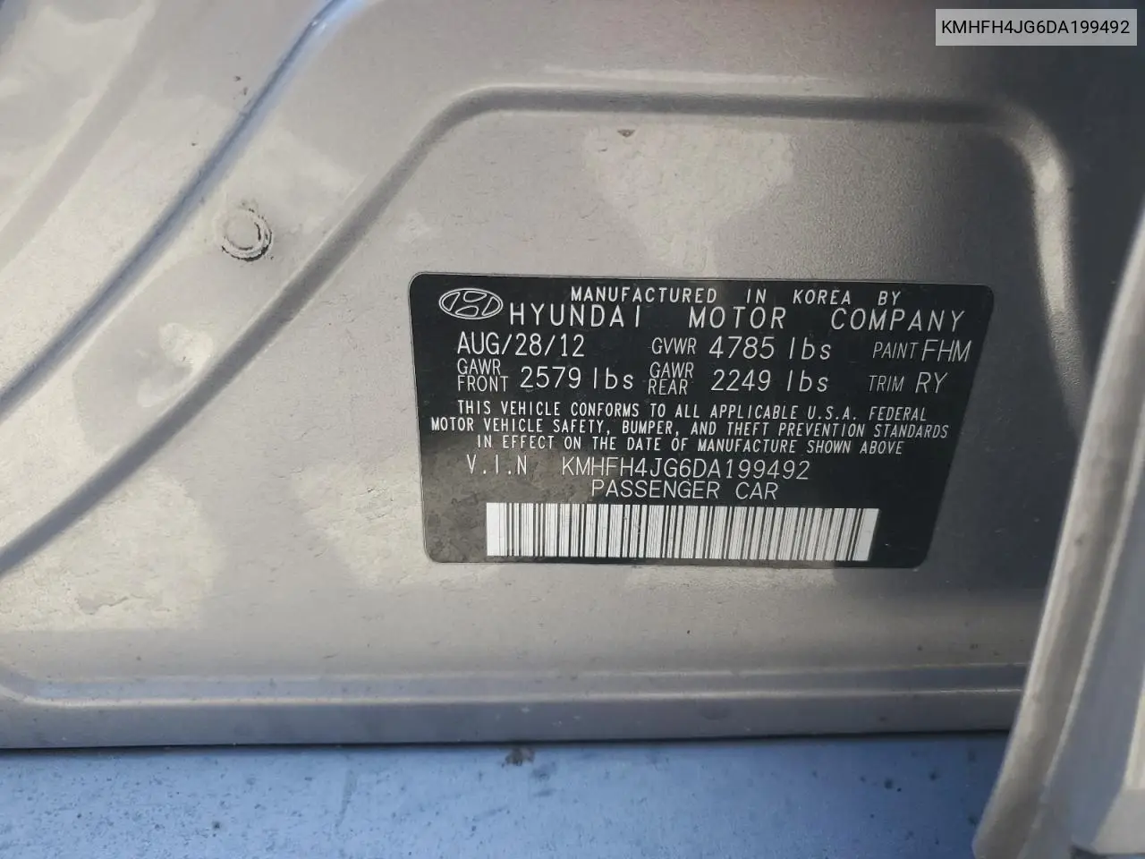 2013 Hyundai Azera Gls VIN: KMHFH4JG6DA199492 Lot: 61403195