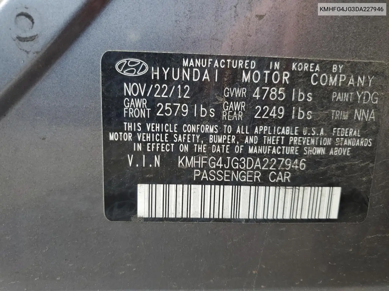 2013 Hyundai Azera VIN: KMHFG4JG3DA227946 Lot: 62827305