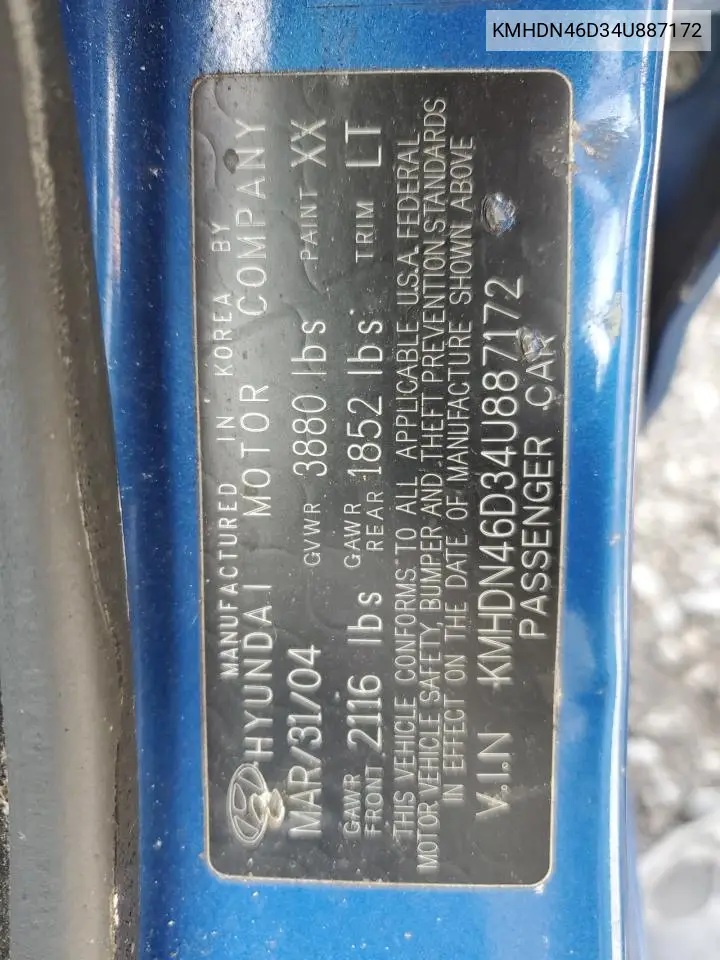 2004 Hyundai Elantra Gls VIN: KMHDN46D34U887172 Lot: 61895865