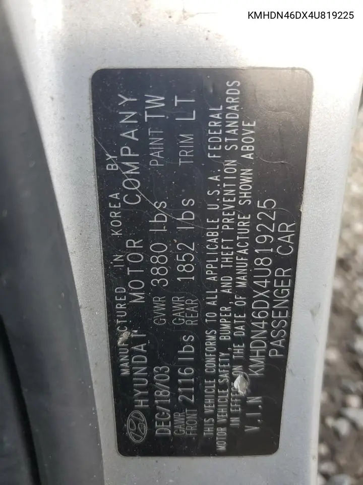 2004 Hyundai Elantra Gls VIN: KMHDN46DX4U819225 Lot: 63329365