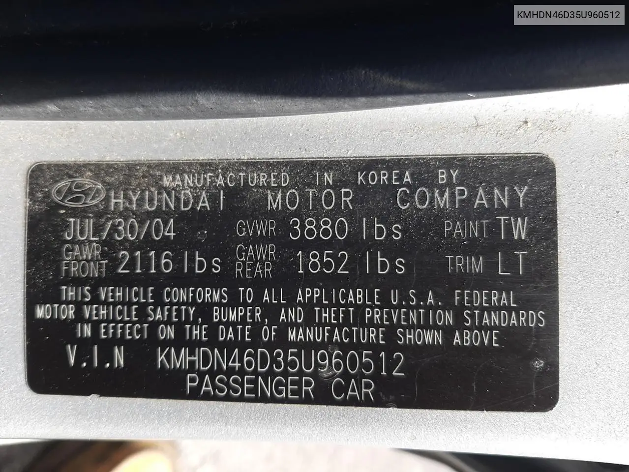2005 Hyundai Elantra Gls VIN: KMHDN46D35U960512 Lot: 54788115