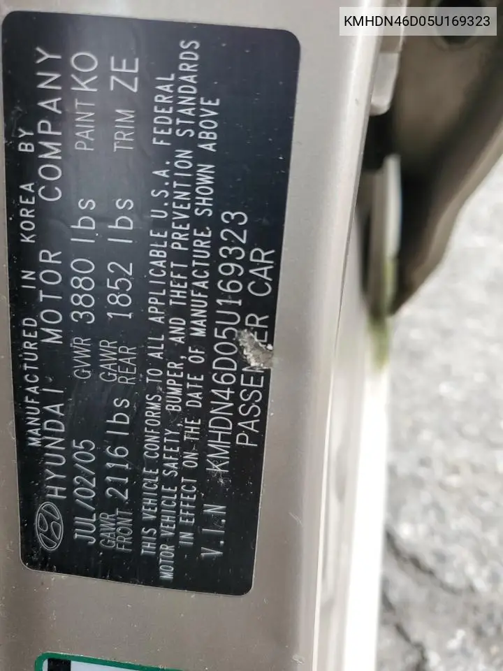 2005 Hyundai Elantra Gls VIN: KMHDN46D05U169323 Lot: 55138445