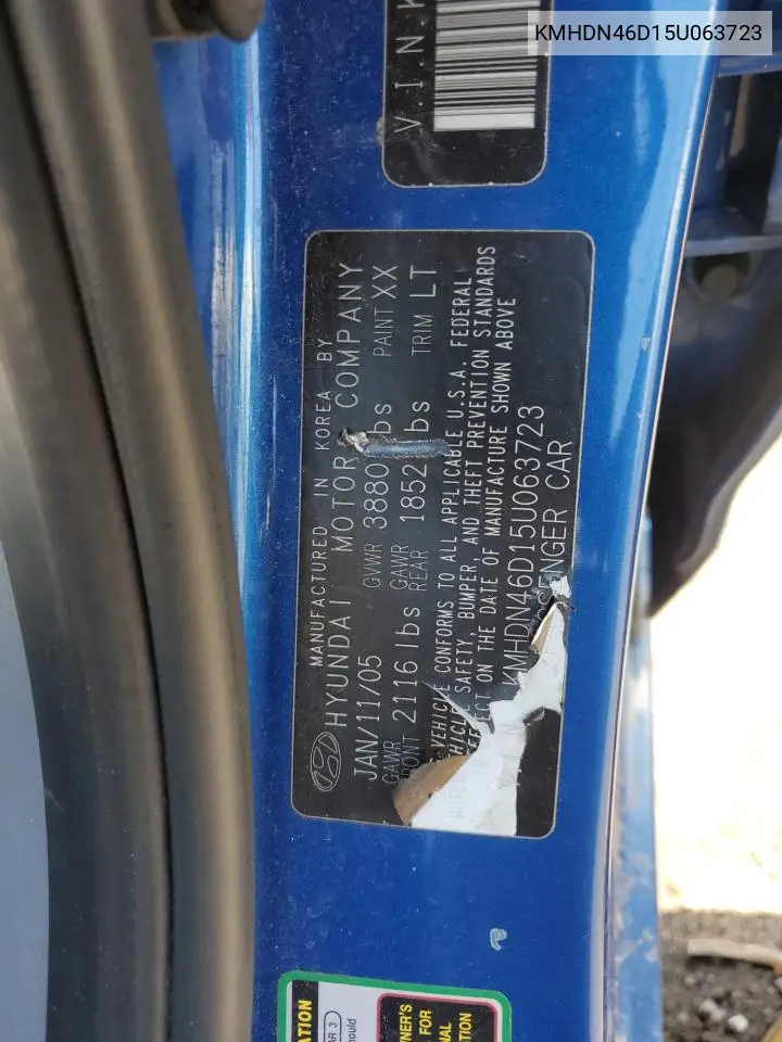 2005 Hyundai Elantra Gls VIN: KMHDN46D15U063723 Lot: 56113495