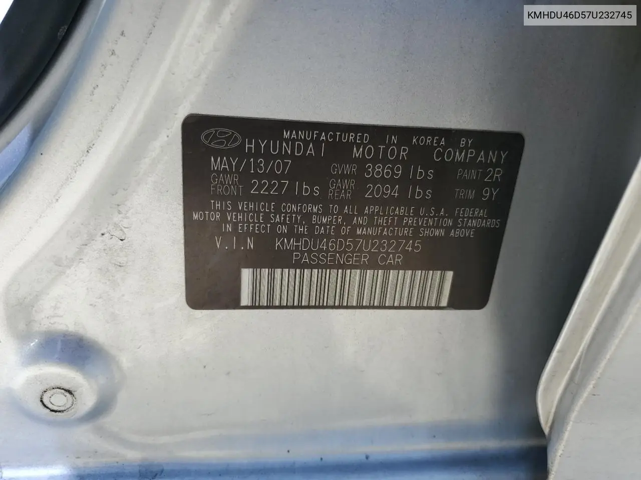 2007 Hyundai Elantra Gls VIN: KMHDU46D57U232745 Lot: 60736455