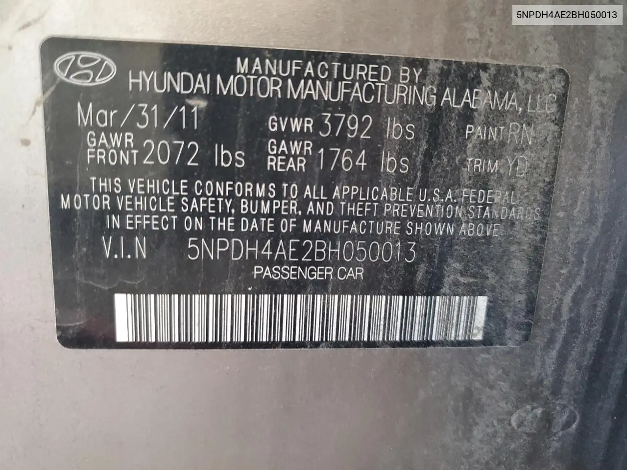 2011 Hyundai Elantra Gls VIN: 5NPDH4AE2BH050013 Lot: 62821485
