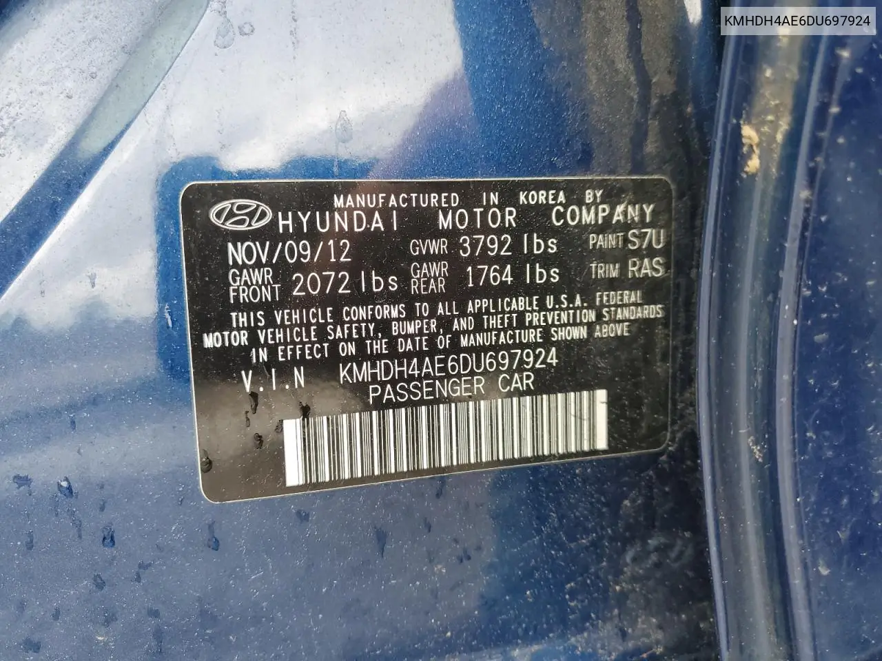 2013 Hyundai Elantra Gls VIN: KMHDH4AE6DU697924 Lot: 56650225