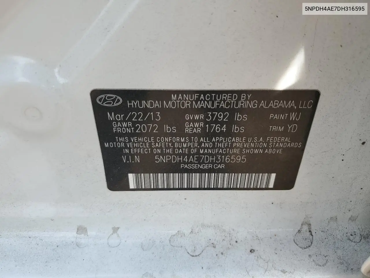 2013 Hyundai Elantra Gls VIN: 5NPDH4AE7DH316595 Lot: 56936585