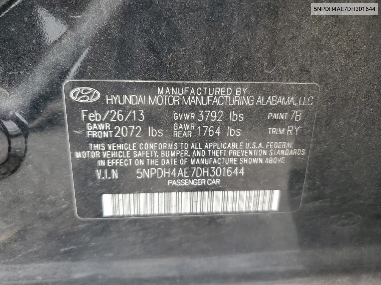 2013 Hyundai Elantra Gls VIN: 5NPDH4AE7DH301644 Lot: 63163795