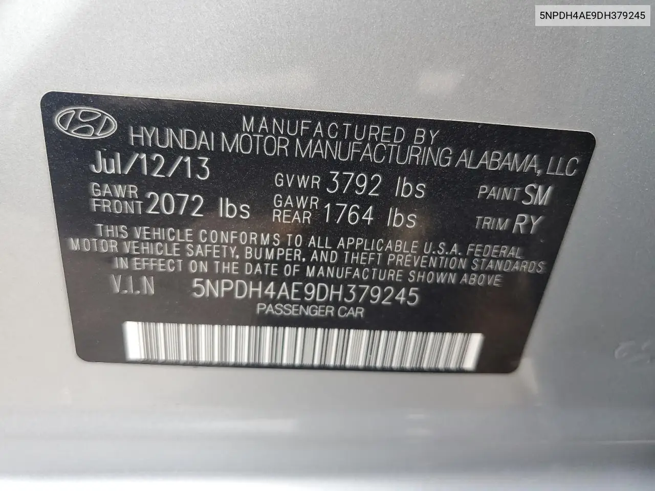 2013 Hyundai Elantra Gls VIN: 5NPDH4AE9DH379245 Lot: 63432285