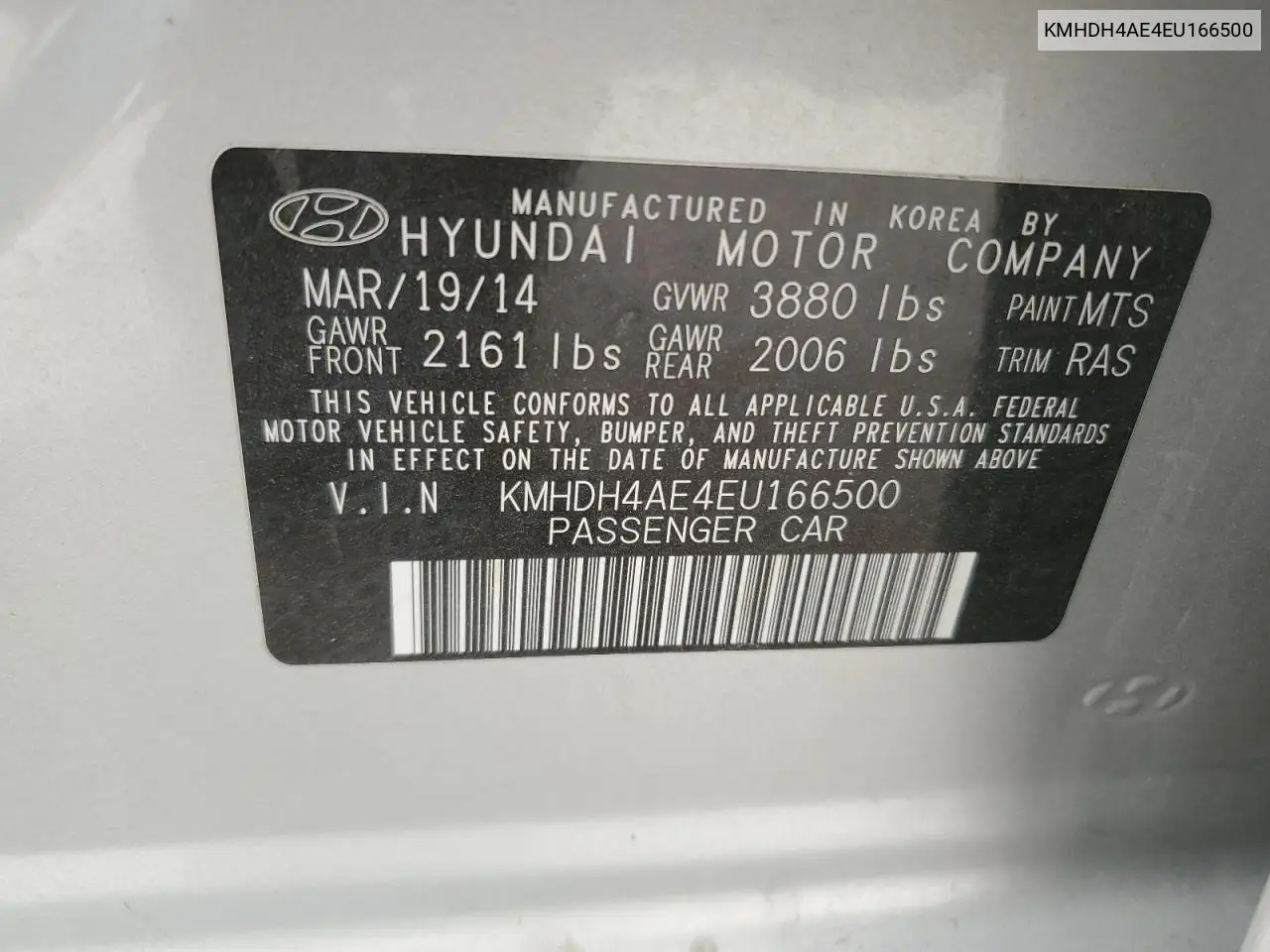 2014 Hyundai Elantra Se VIN: KMHDH4AE4EU166500 Lot: 56737955