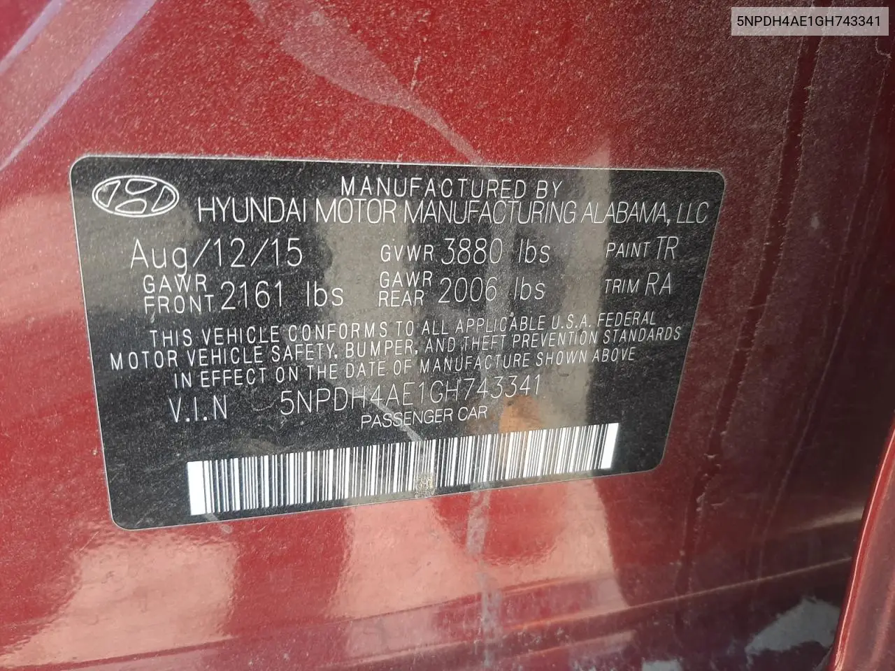 2016 Hyundai Elantra Se VIN: 5NPDH4AE1GH743341 Lot: 57106045