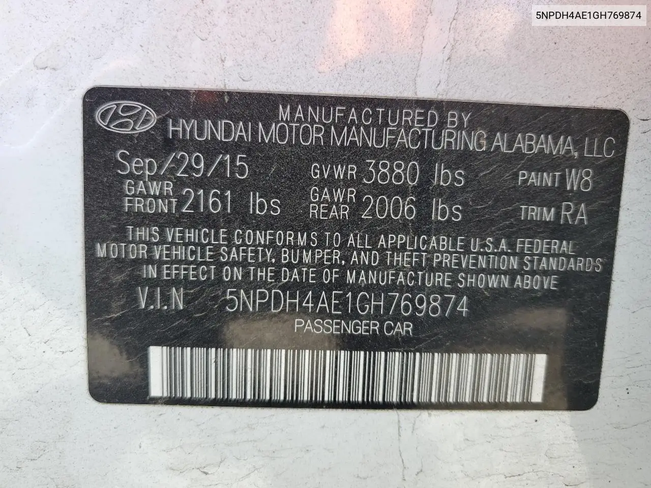 2016 Hyundai Elantra Se VIN: 5NPDH4AE1GH769874 Lot: 62957465