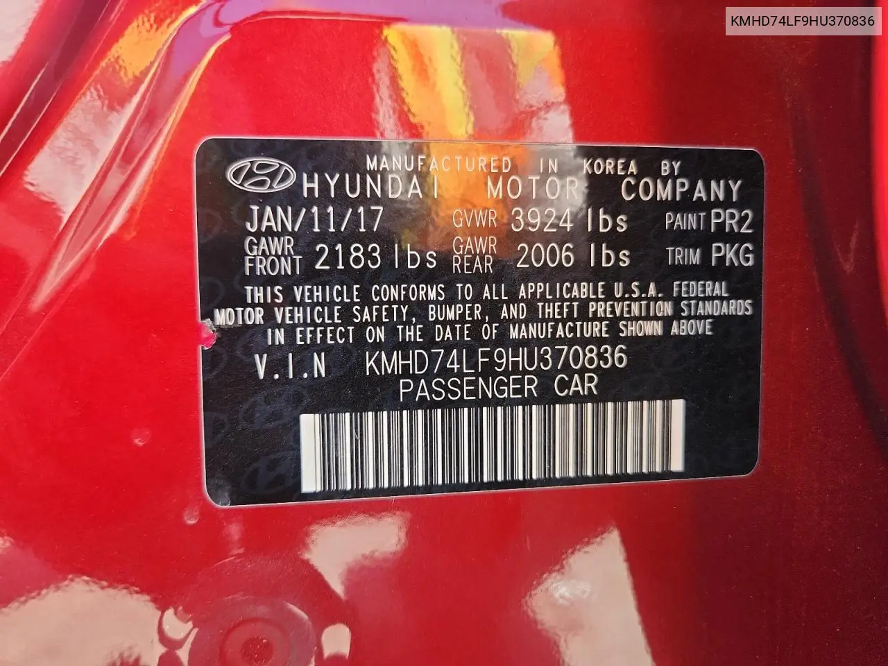 2017 Hyundai Elantra Se VIN: KMHD74LF9HU370836 Lot: 62955515