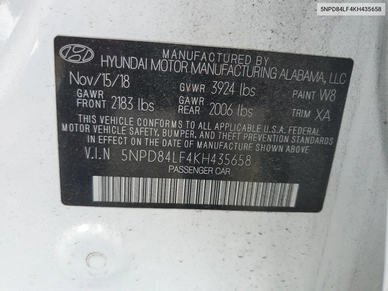 2019 Hyundai Elantra Sel VIN: 5NPD84LF4KH435658 Lot: 52697225
