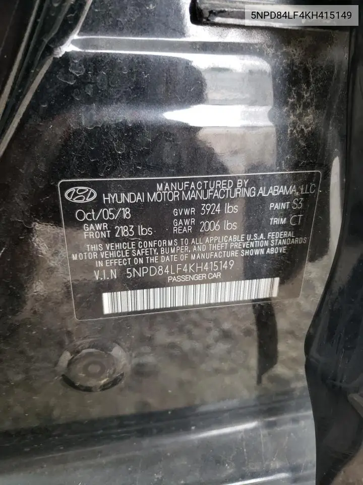 2019 Hyundai Elantra Sel VIN: 5NPD84LF4KH415149 Lot: 56749595