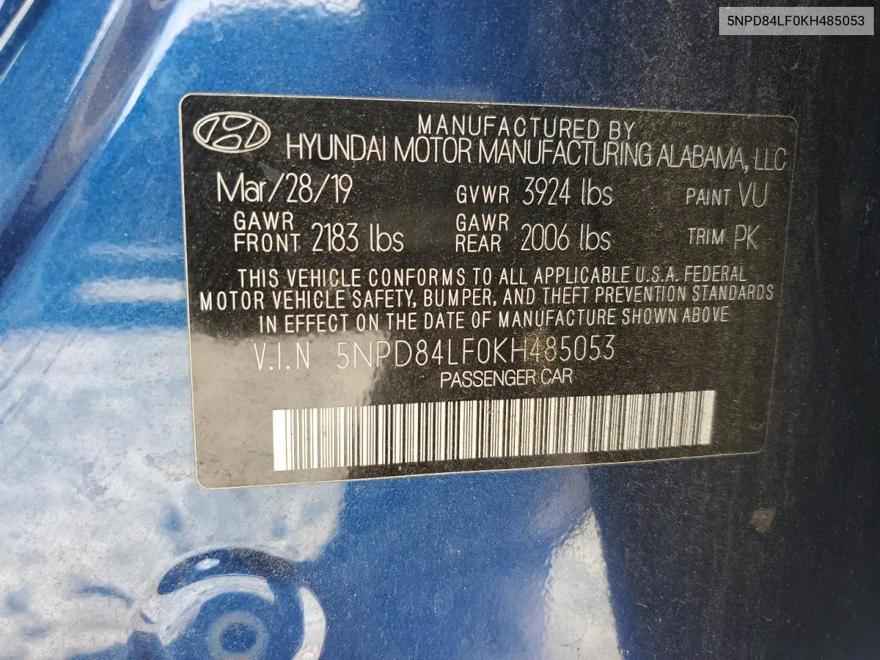 2019 Hyundai Elantra Sel VIN: 5NPD84LF0KH485053 Lot: 56793855