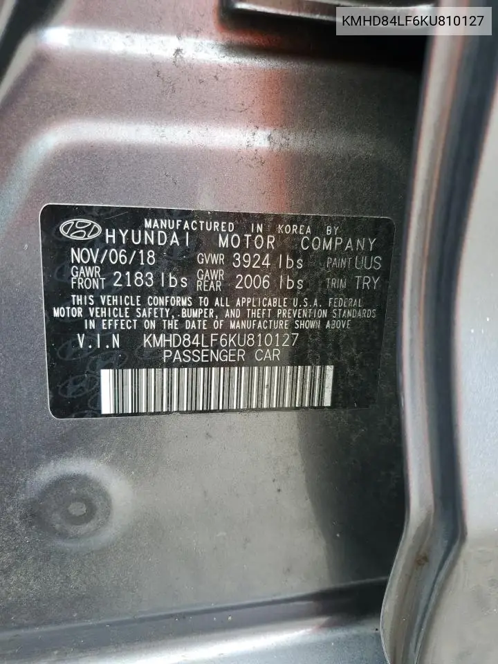 2019 Hyundai Elantra Sel VIN: KMHD84LF6KU810127 Lot: 57027085