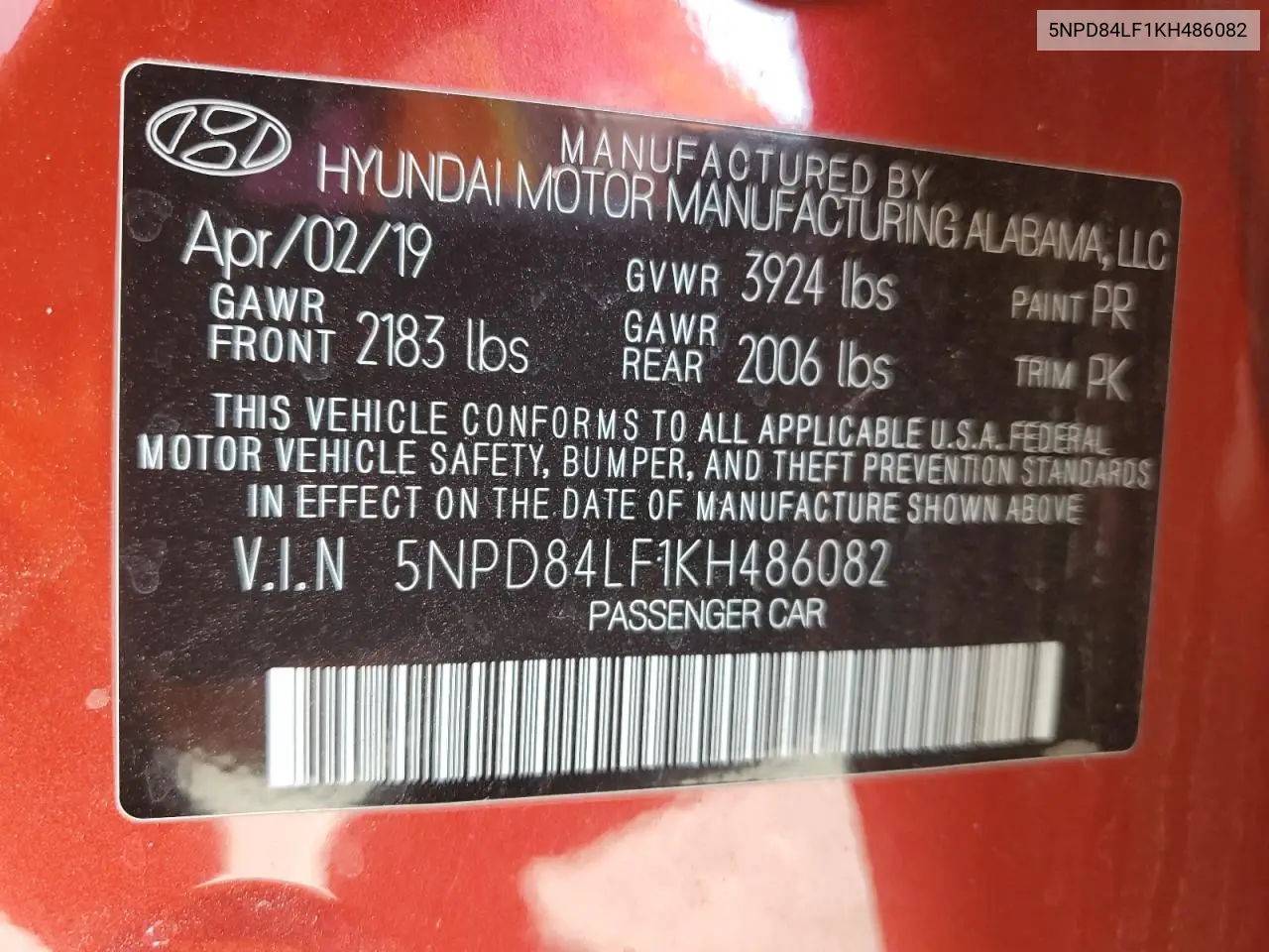 2019 Hyundai Elantra Sel VIN: 5NPD84LF1KH486082 Lot: 62491695