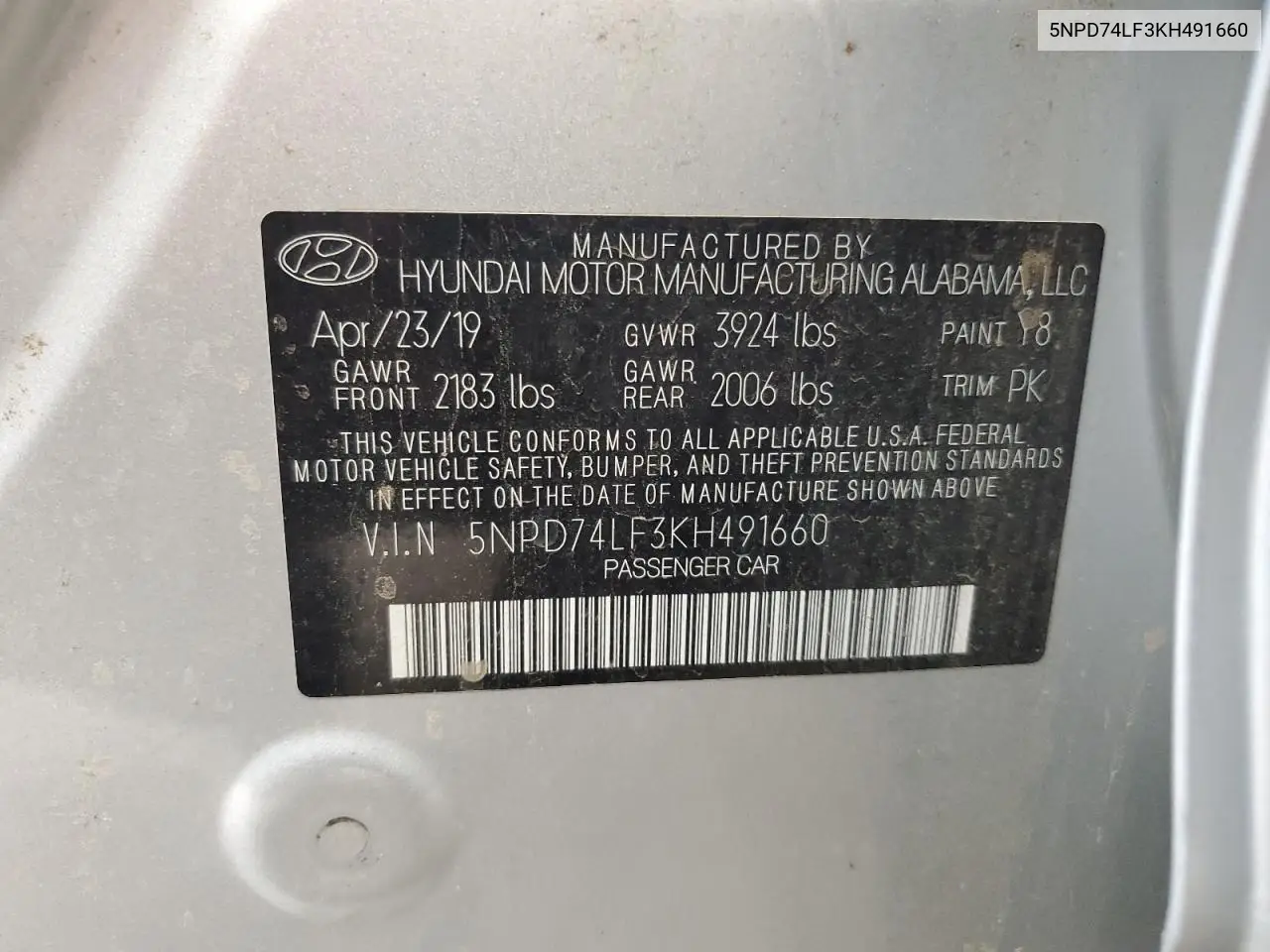 2019 Hyundai Elantra Se VIN: 5NPD74LF3KH491660 Lot: 62765305