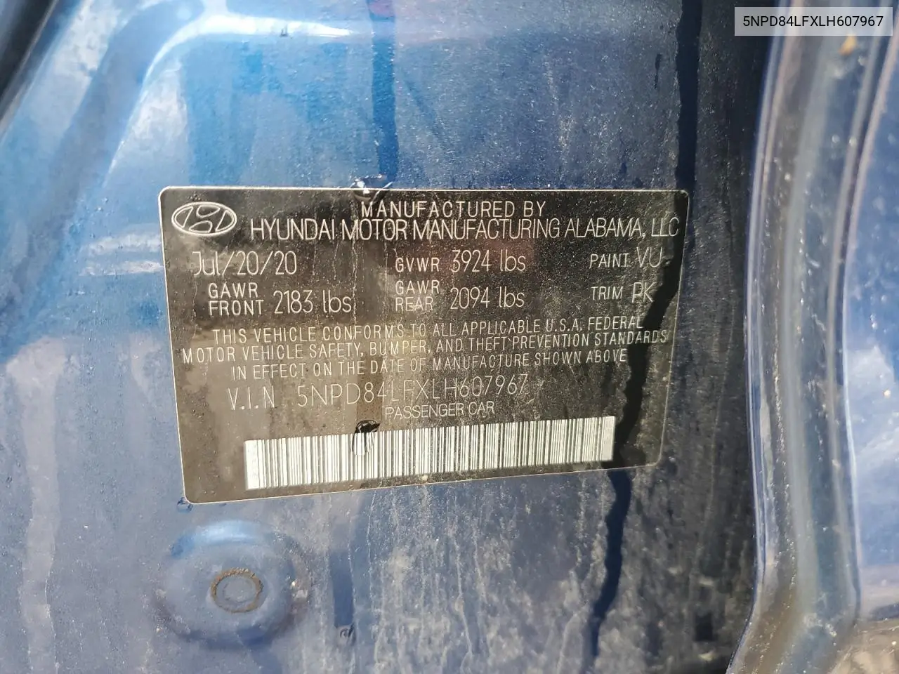 2020 Hyundai Elantra Sel VIN: 5NPD84LFXLH607967 Lot: 59491205