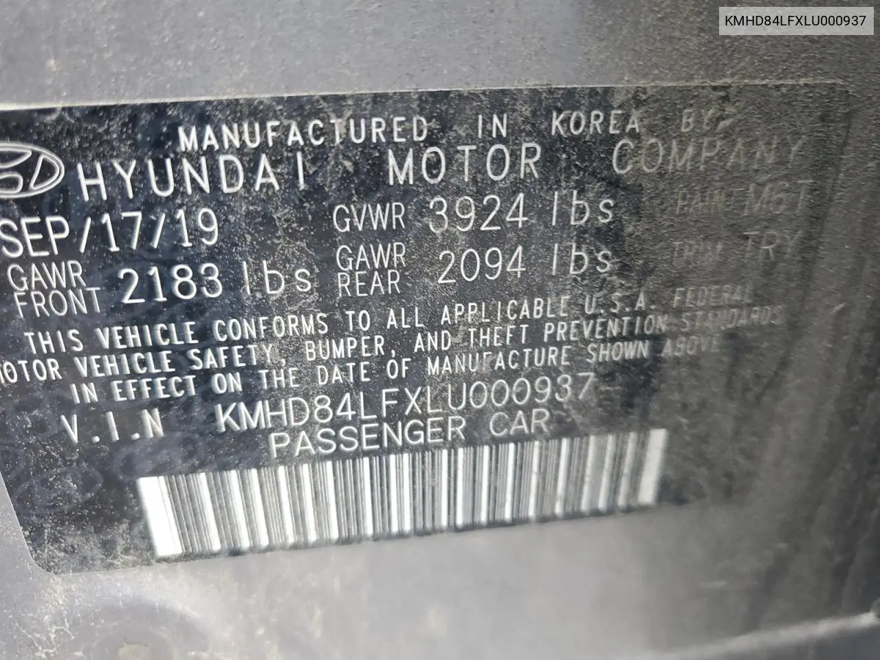 2020 Hyundai Elantra Sel VIN: KMHD84LFXLU000937 Lot: 63008115