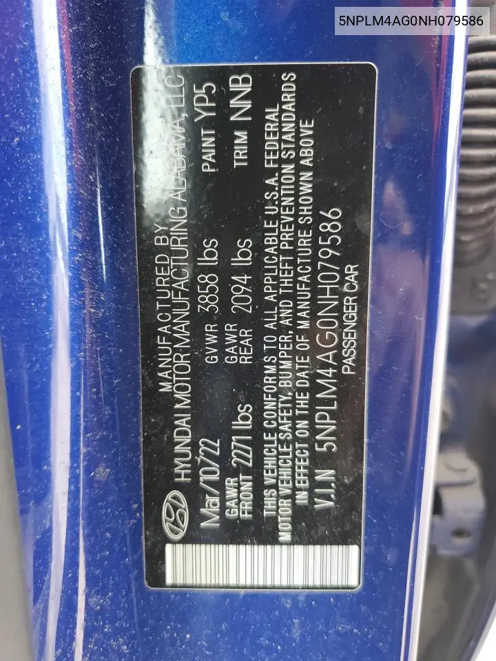 2022 Hyundai Elantra Sel VIN: 5NPLM4AG0NH079586 Lot: 55472595