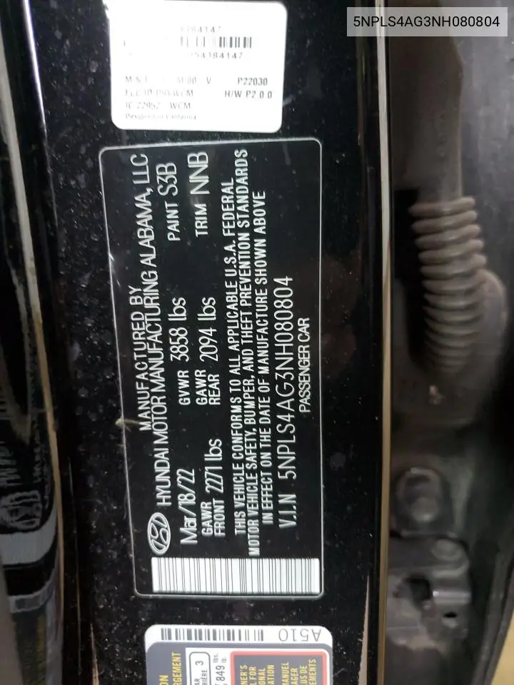 2022 Hyundai Elantra Sel VIN: 5NPLS4AG3NH080804 Lot: 58520655
