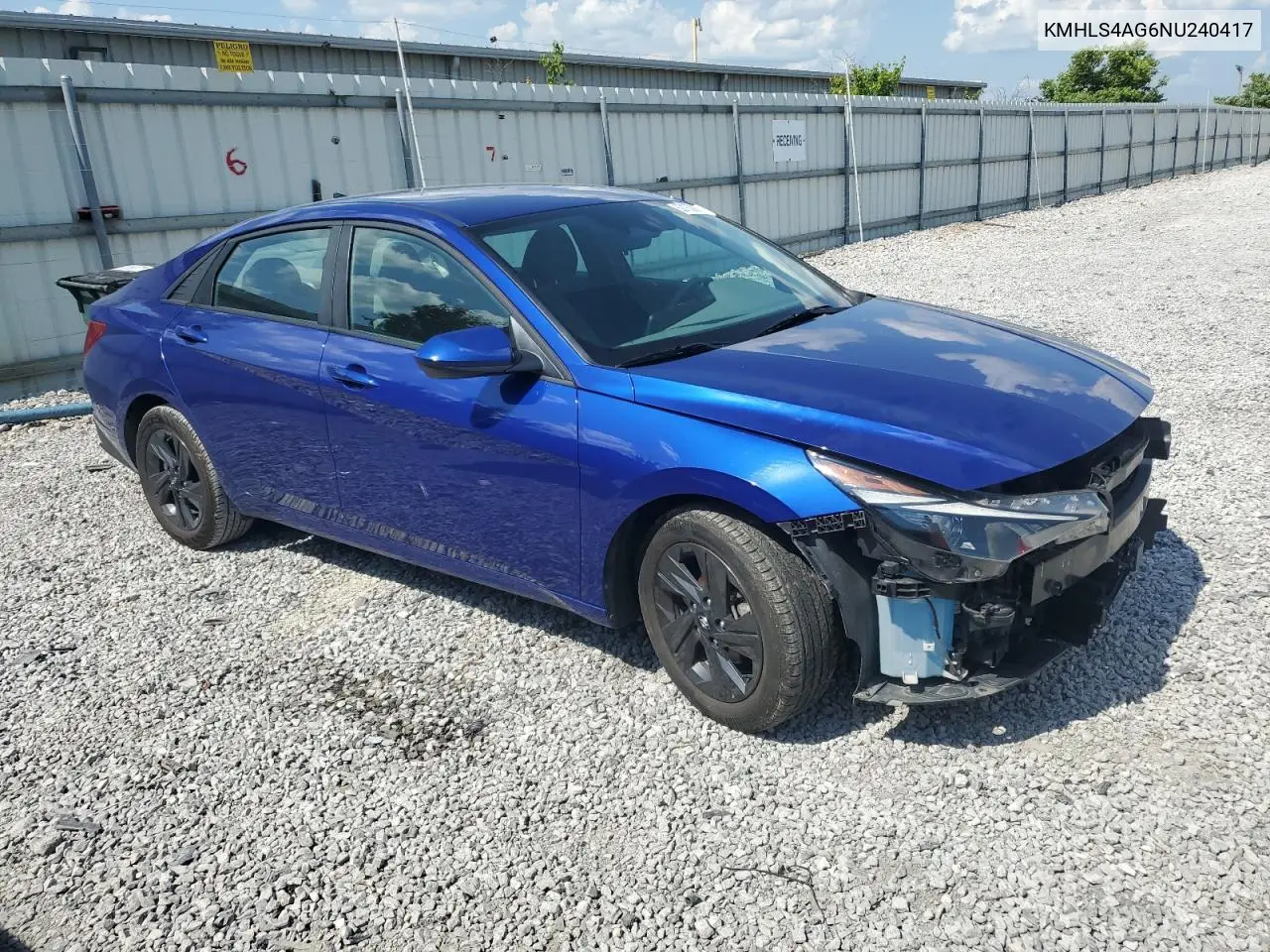 2022 Hyundai Elantra Sel VIN: KMHLS4AG6NU240417 Lot: 62163865