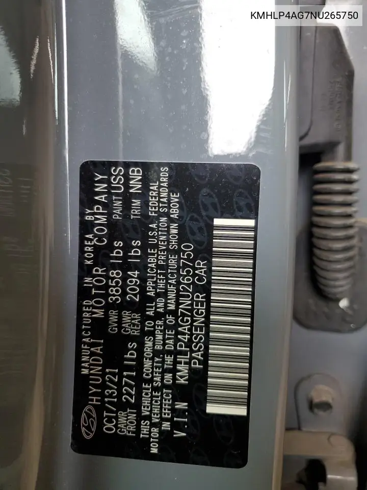 2022 Hyundai Elantra Limited VIN: KMHLP4AG7NU265750 Lot: 62493735