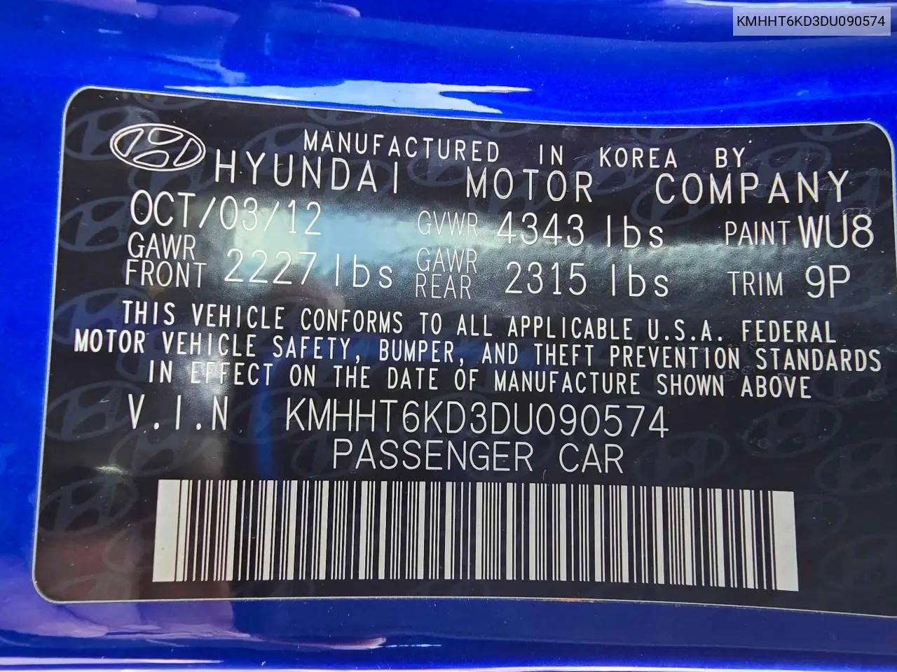 2013 Hyundai Genesis Coupe 2.0T VIN: KMHHT6KD3DU090574 Lot: 57272205