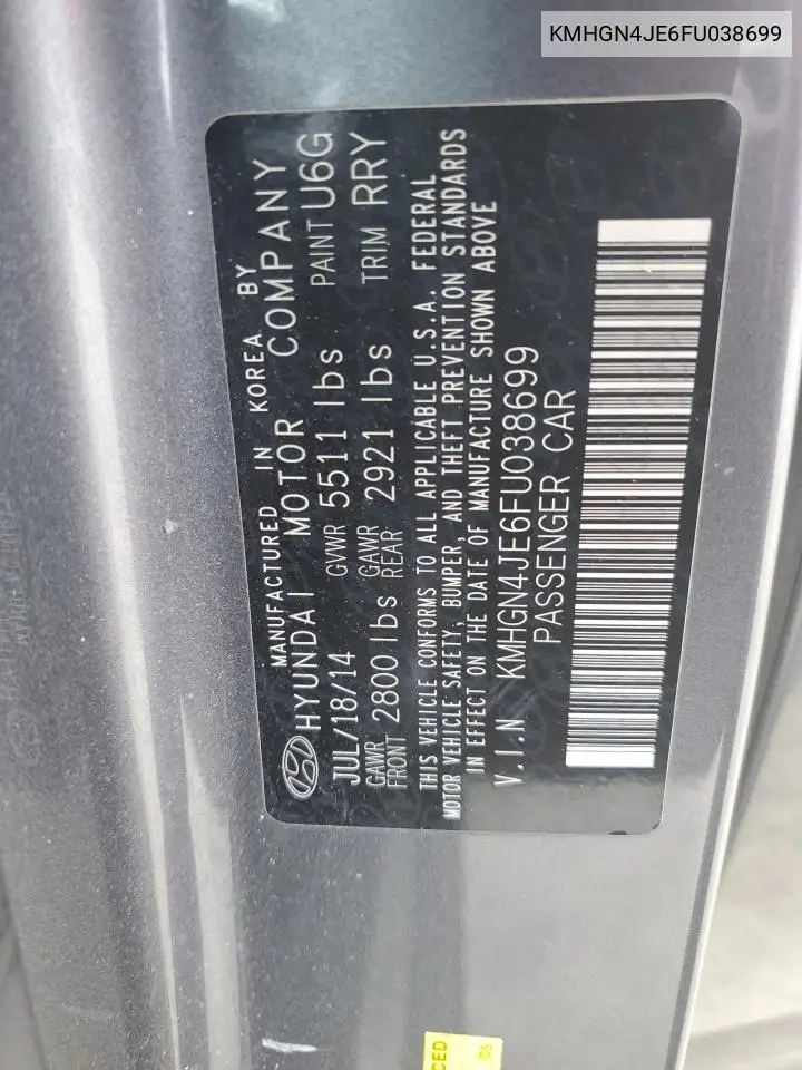 2015 Hyundai Genesis 3.8L VIN: KMHGN4JE6FU038699 Lot: 45662934