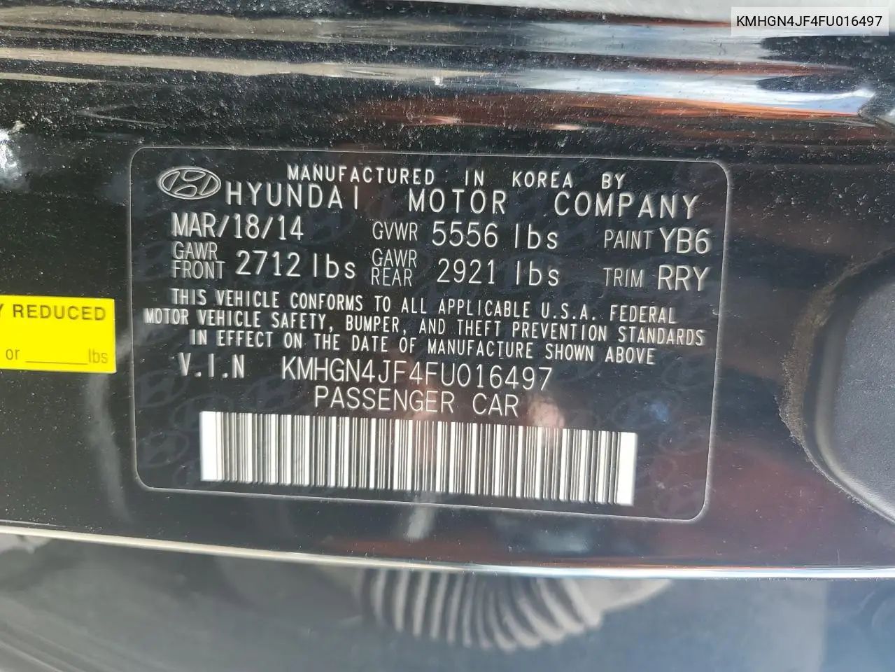2015 Hyundai Genesis 5.0L VIN: KMHGN4JF4FU016497 Lot: 61957145