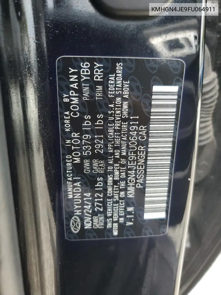 2015 Hyundai Genesis 3.8L VIN: KMHGN4JE9FU064911 Lot: 62968505