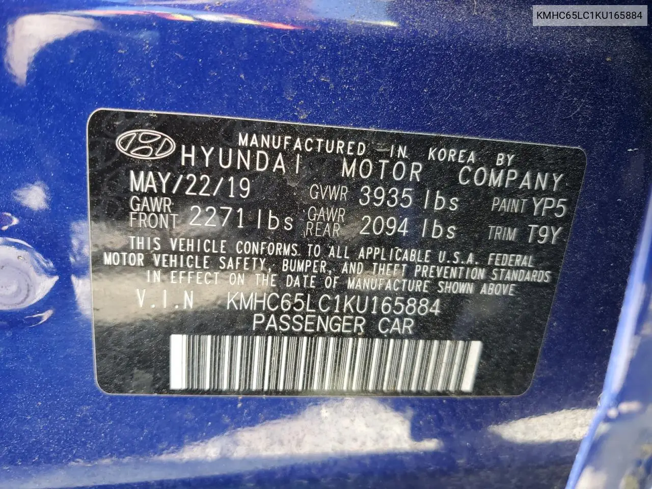 2019 Hyundai Ioniq Blue VIN: KMHC65LC1KU165884 Lot: 62747165
