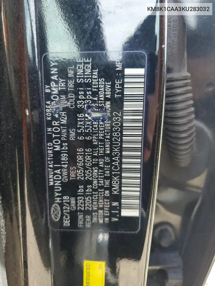 2019 Hyundai Kona Se VIN: KM8K1CAA3KU283032 Lot: 62203585