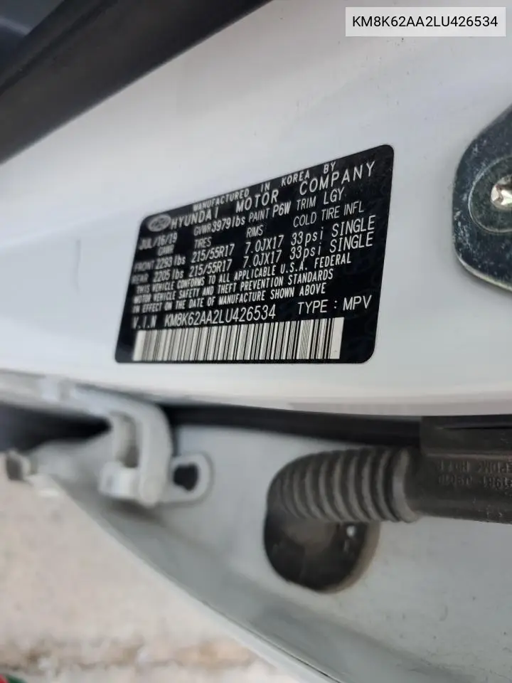 2020 Hyundai Kona Sel Plus VIN: KM8K62AA2LU426534 Lot: 61018735