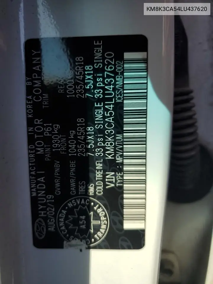 2020 Hyundai Kona Limited VIN: KM8K3CA54LU437620 Lot: 61281325