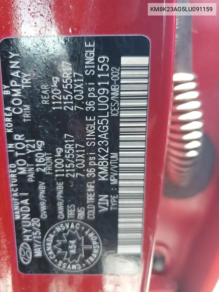 2020 Hyundai Kona Sel VIN: KM8K23AG5LU091159 Lot: 61793355
