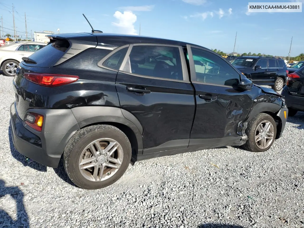 2021 Hyundai Kona Se VIN: KM8K1CAA4MU643881 Lot: 62580365