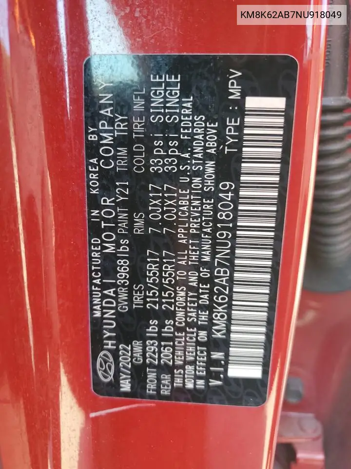 2022 Hyundai Kona Sel VIN: KM8K62AB7NU918049 Lot: 62284775