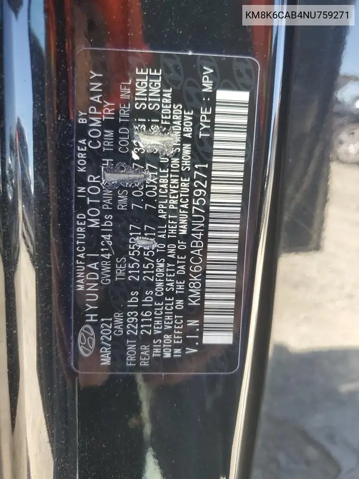 2022 Hyundai Kona Sel VIN: KM8K6CAB4NU759271 Lot: 63032795